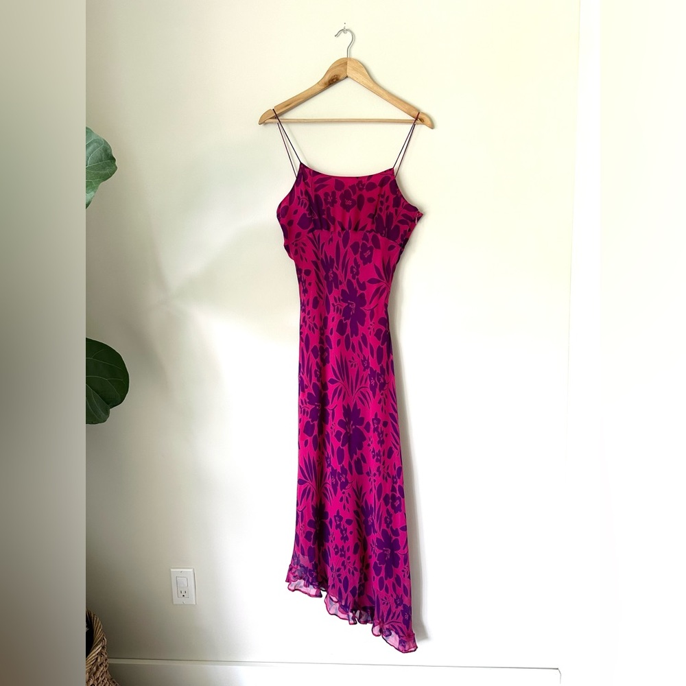 VTG Y2K ICE 100% Silk Slip Dress Sz 8 Floral Pink Purple Asymmetrical Fairycore